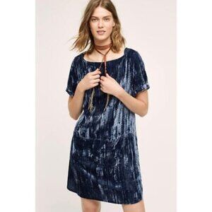 Floreat Anthropologie crushed velvet shift dress navy blue cuff short sleeve XS